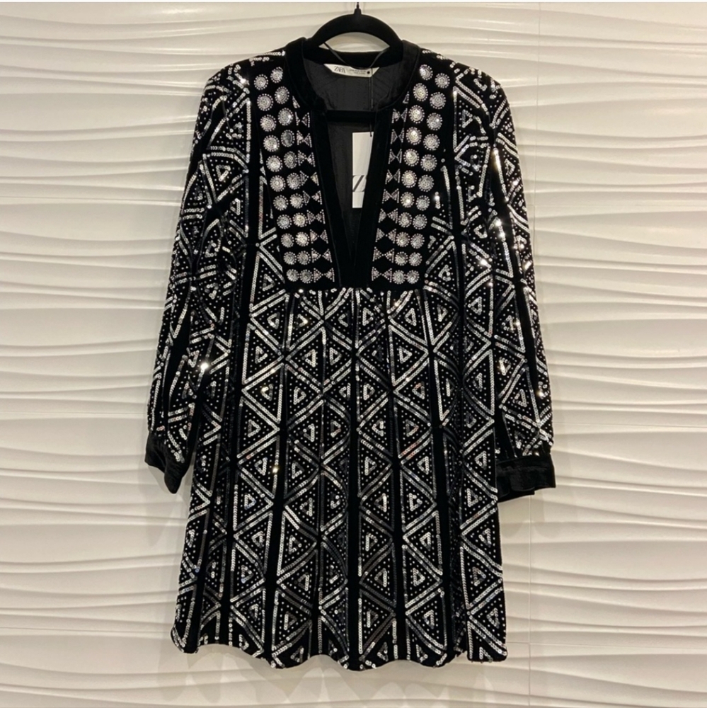 NWT XS Zara Black Velvet Silver Sequin Mini Dress
